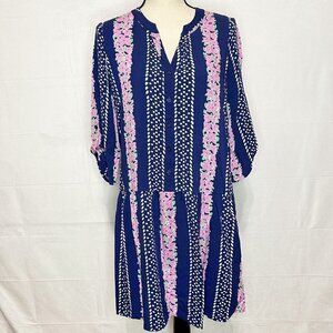 Southern Tide Blue Floral Longsleeve Dress V- Neck Roll-Tab Sleeve Sz S